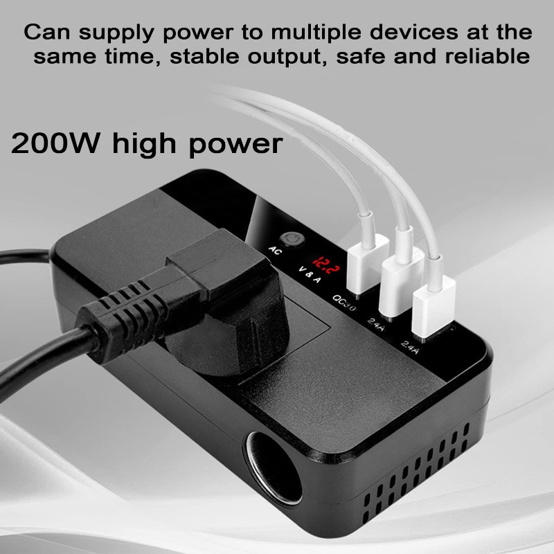 Outdoor Power Adapter Usb - อินเวอร์เตอร์รถยนต์แบบพกพา 200W พร้อมที่ชาร์จเร็วในรถยนต์ ตัวแปลงไฟพร้อมพอร์ต USB 3